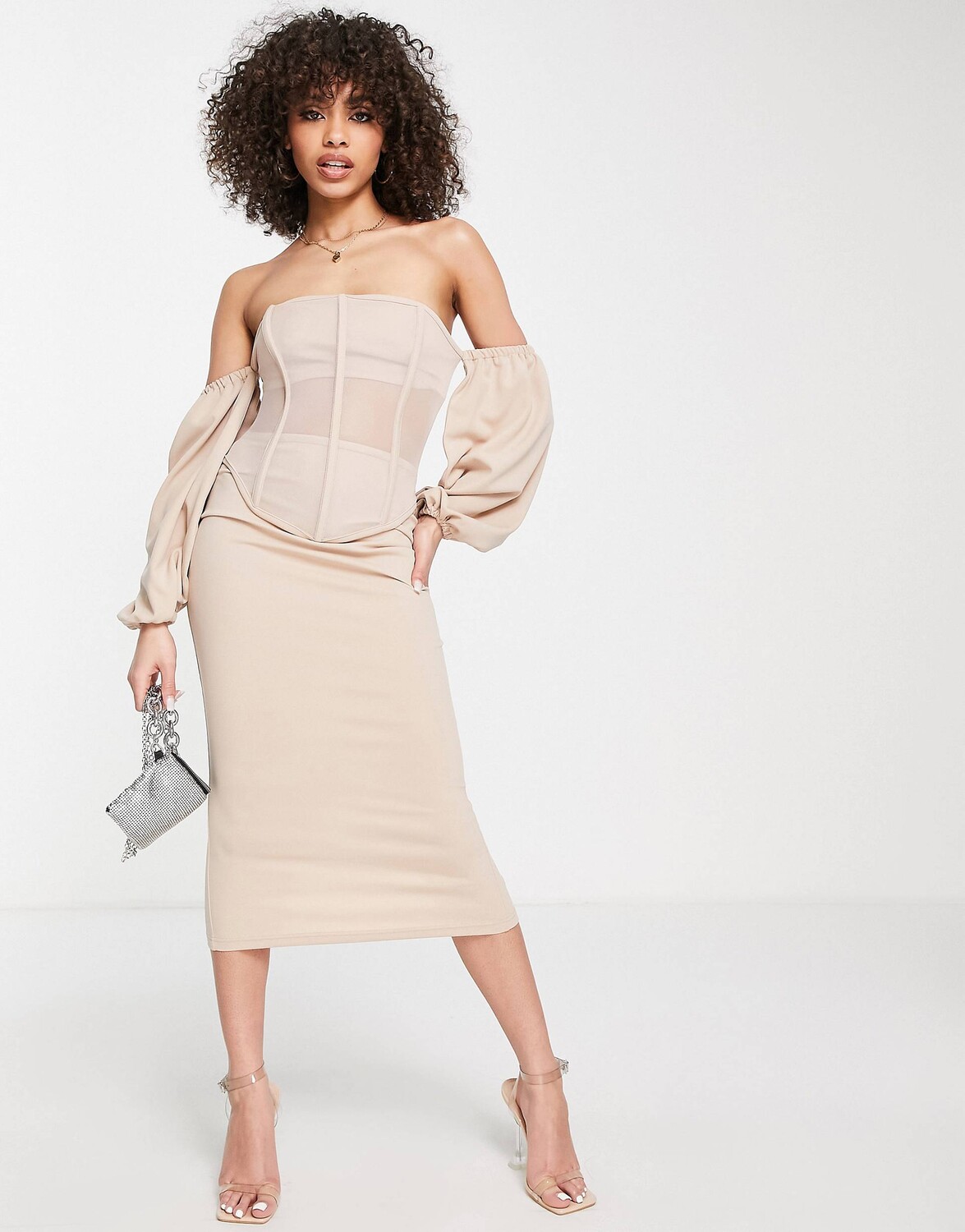 

Сетчатое платье-карандаш миди с открытыми плечами и корсетом ASOS DESIGN