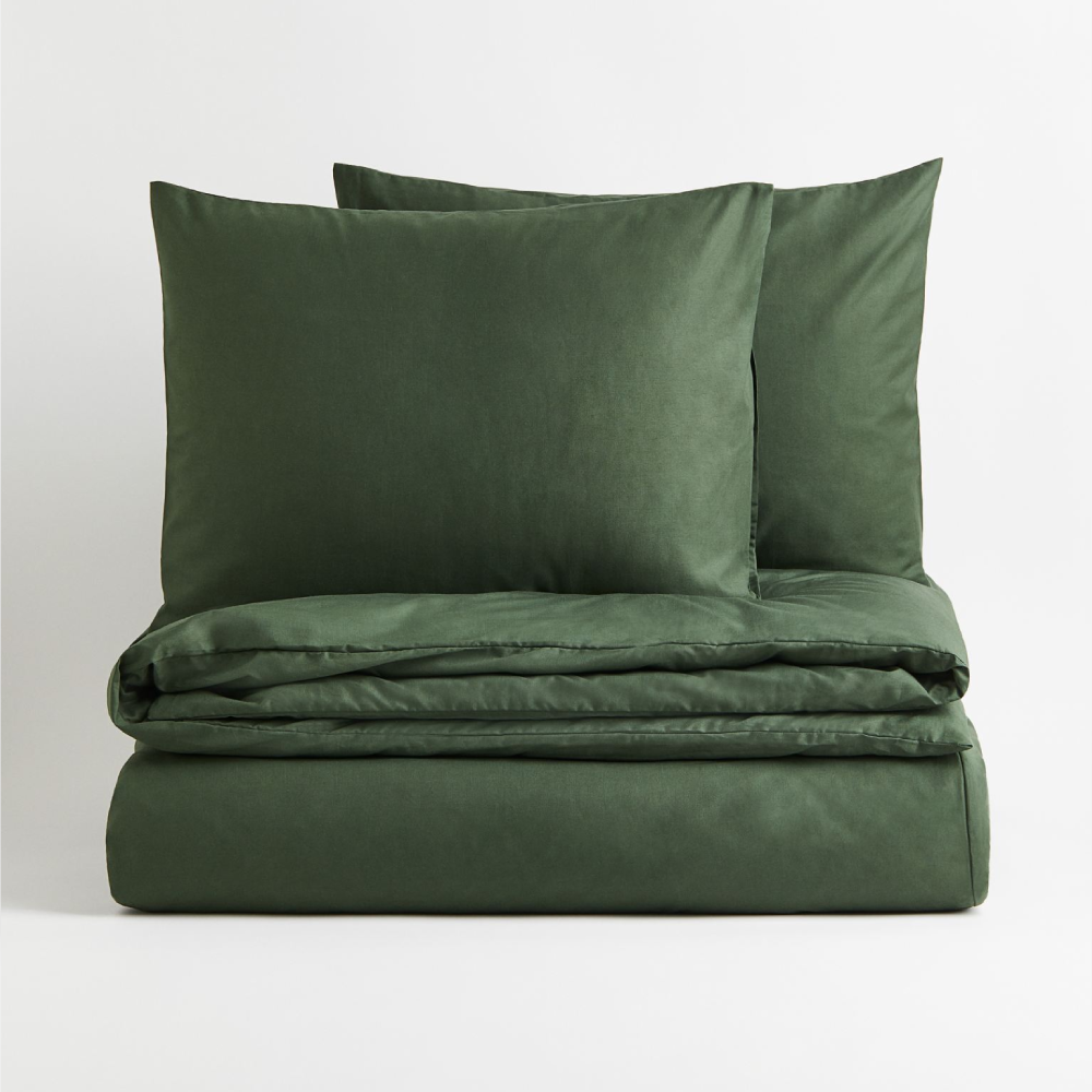 Комплект двуспального постельного белья H&M Home Cotton, темно-зеленый цена и фото