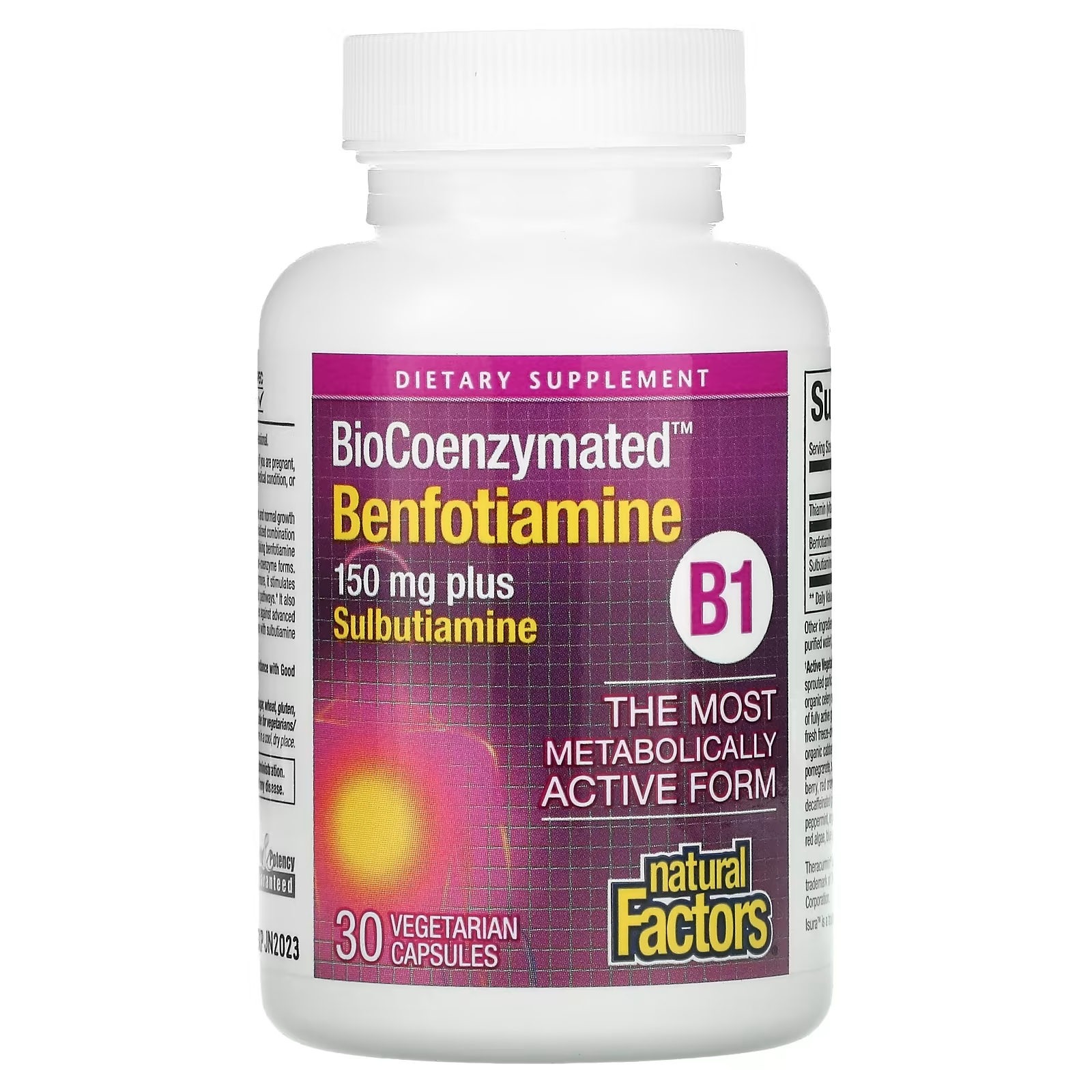 Natural Factors BioCoenzymated B1 бенфотиамин плюс сульбутиамин 150 мг, 30 вегетарианских капсул