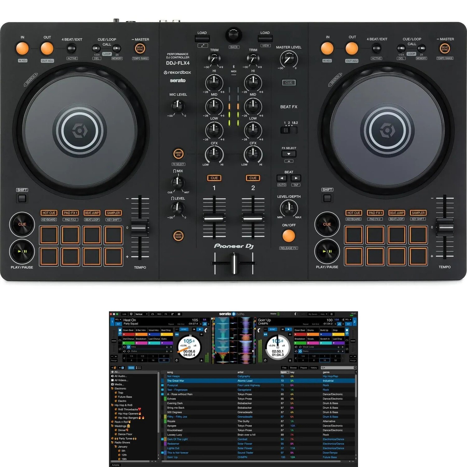 

Двухдековый DJ-контроллер Pioneer DJ DDJ-FLX4 и комплект программного обеспечения Serato DJ Pro