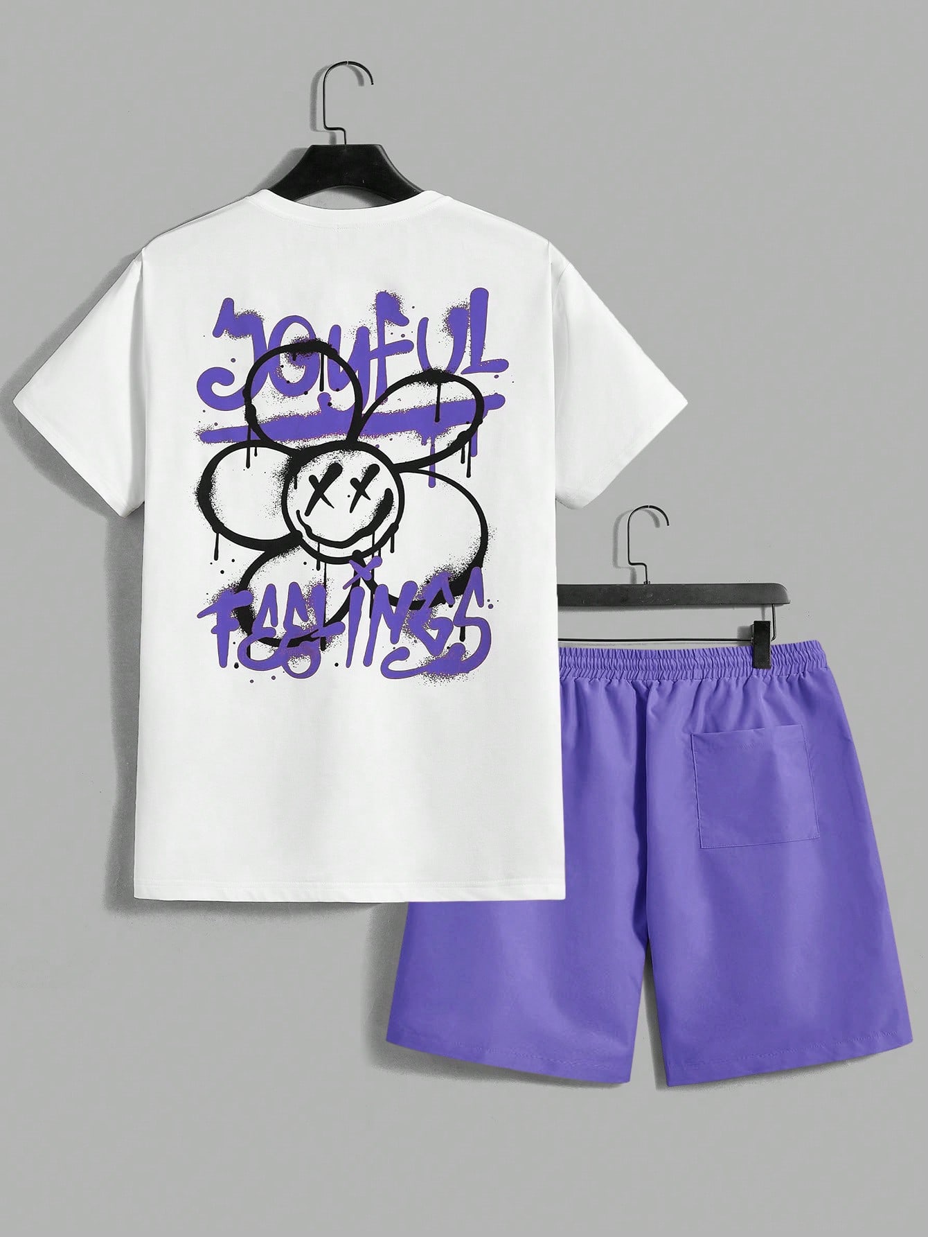 Мужской комплект из футболки и шорт с короткими рукавами Manfinity EMRG с цветочным принтом и буквенным принтом, фиолетовый