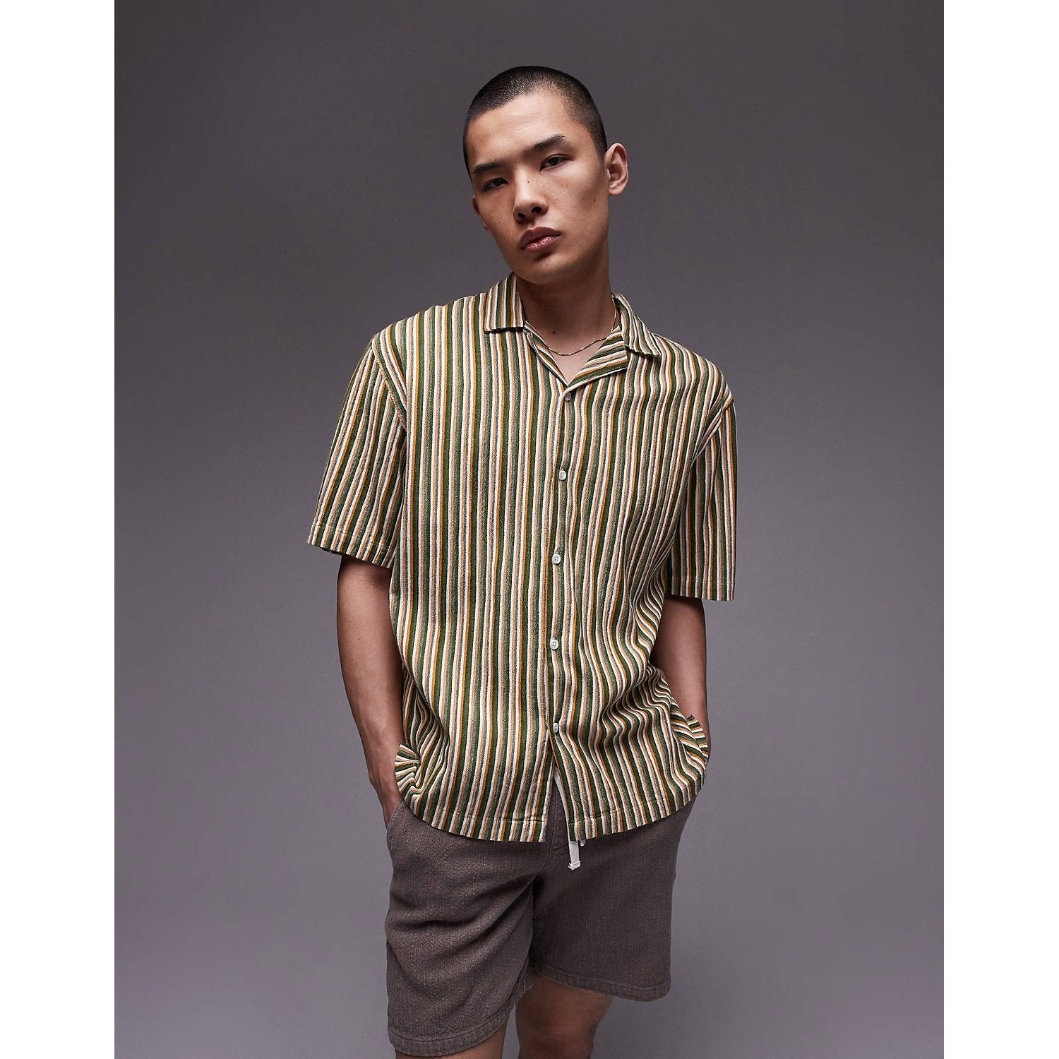 Рубашка Topman Short Sleeve Relaxed Striped, зеленый/желтый