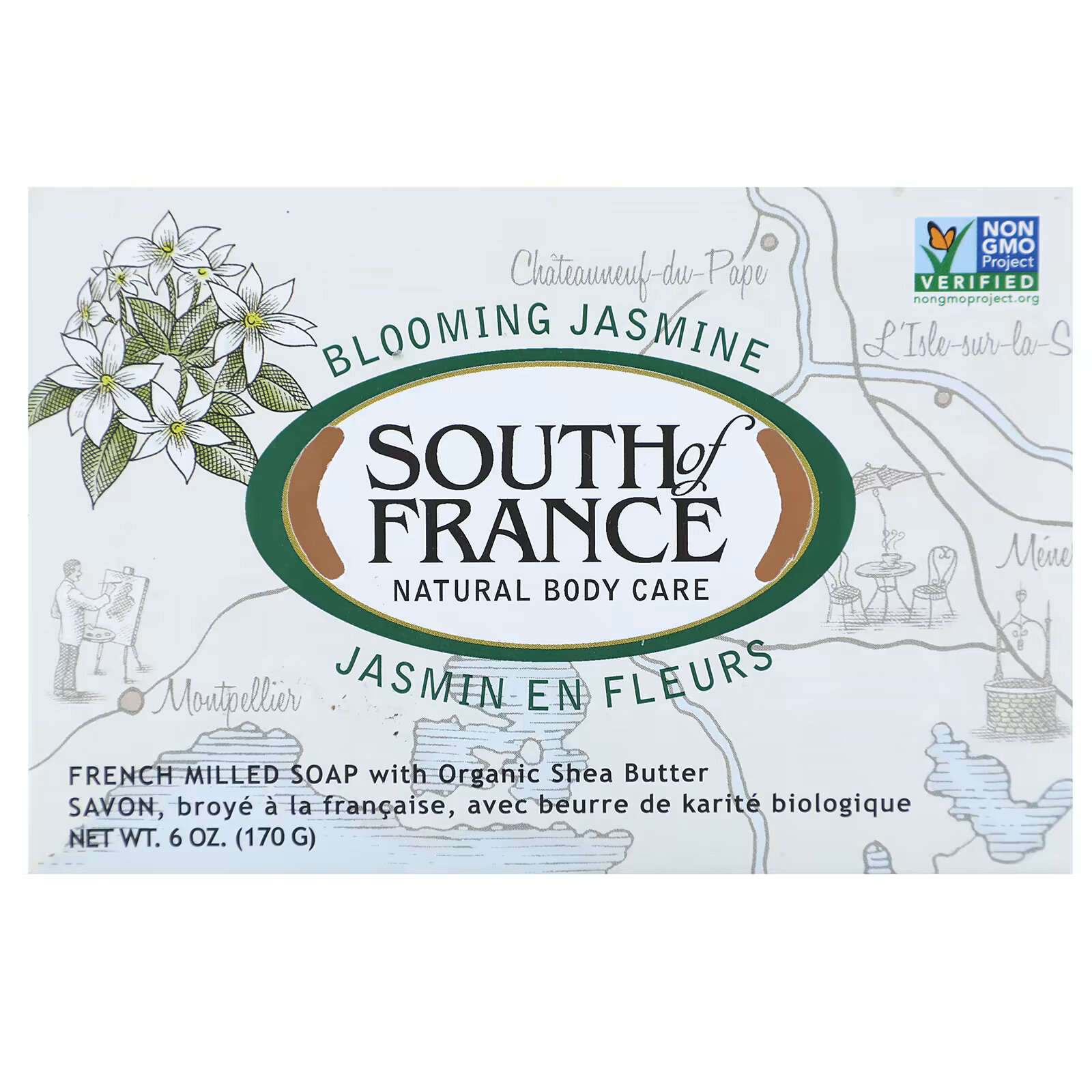 South of France, Цветущий жасмин, французское пилированное овальное мыло с органическим маслом ши, 6 унций (170 г)