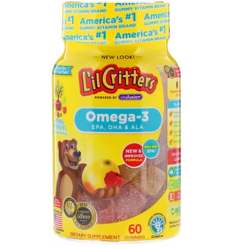 Омега-3 для детей L'il Critters, 60 жевательных мармеладок омега 3 35% мягкие жевательные капсулы полиен со вкусом малины или яблока или мультифрукт 90 шт