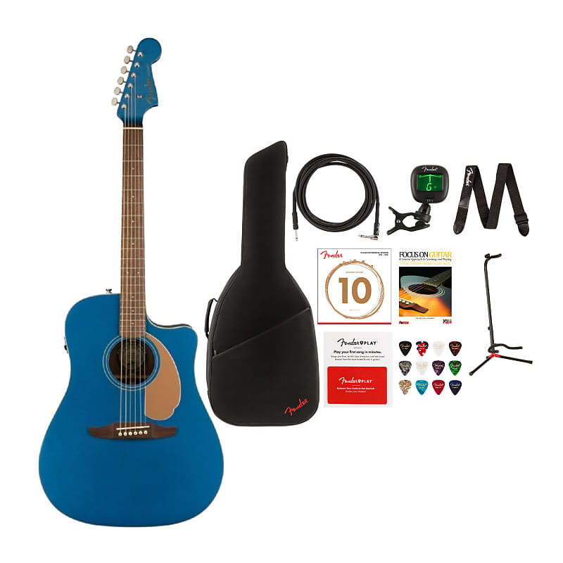 

6-струнная акустическая гитара Fender Redondo Player (правая рука, цвет Belmont Blue) с сумкой FB405 Dreadnought Gig Bag, инструментальным кабелем, регулируемой стойкой для гитары, комплектом тюнера FT-1 Pro Clip-On