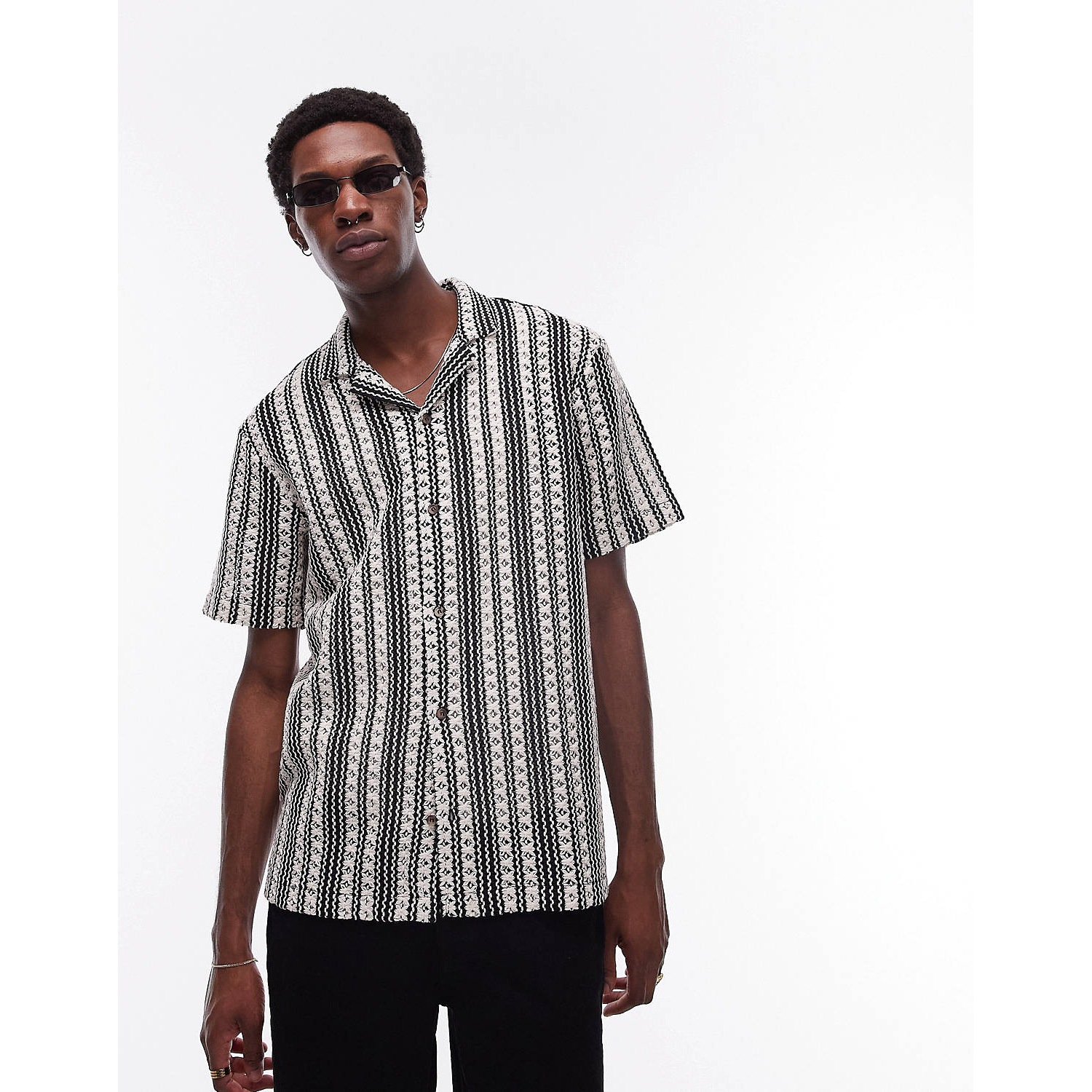 полосатая рубашка стандартного кроя из хлопковой пряжи Рубашка Topman Short Sleeve Relaxed Crochet Stripe, черный/белый