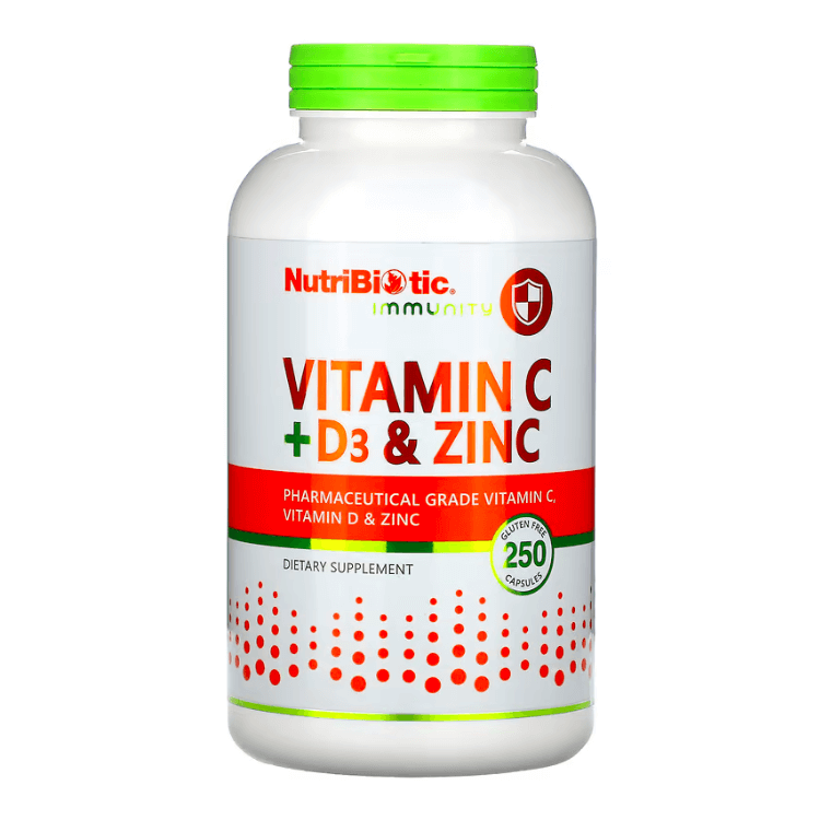 Витамин C с цинком и D3 NutriBiotic, 250 капсул иммунитет hypo aller c витамин c с кальцием магнием калием и цинком 454 г nutribiotic