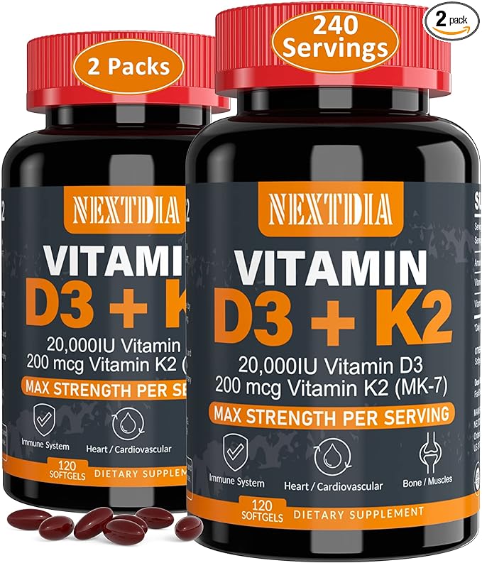 Витамин NextDia D3 20 000 МЕ + K2(MK7) 200 мкг — 240 мягких таблеток добавка maxi health с витамином d3 10 000 ме в мягких капсулах 180 капсул