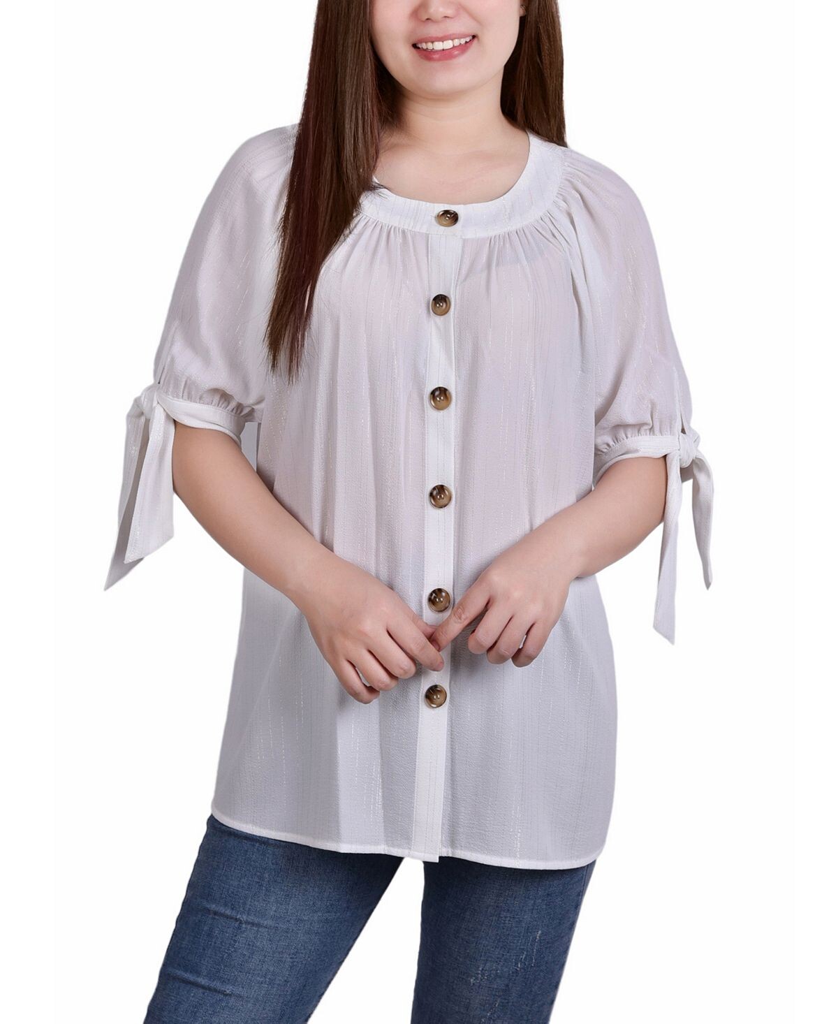 

Миниатюрная блузка с рукавами до локтя и завязками NY Collection, мульти, Серый