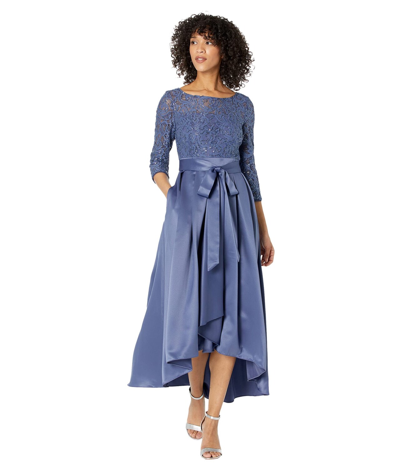 

Платье Alex Evenings, High-Low Sequin Lace Dress w/ Satin Skirt and Self-Belt