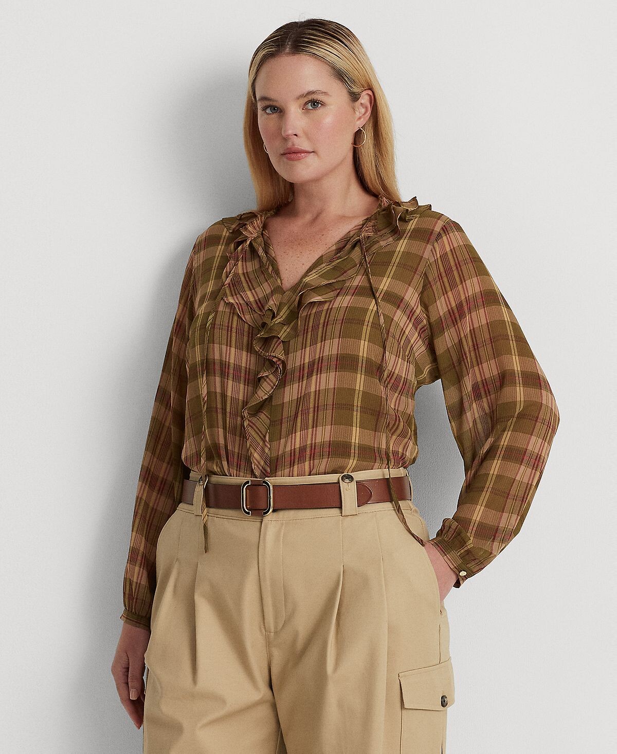 

Блузка больших размеров с рюшами и завязками на воротнике Lauren Ralph Lauren