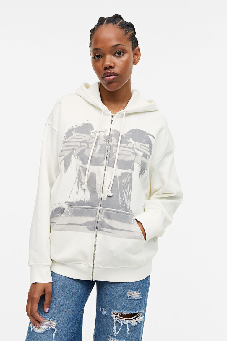 

Толстовка на молнии оверсайз с принтом H&M, белый