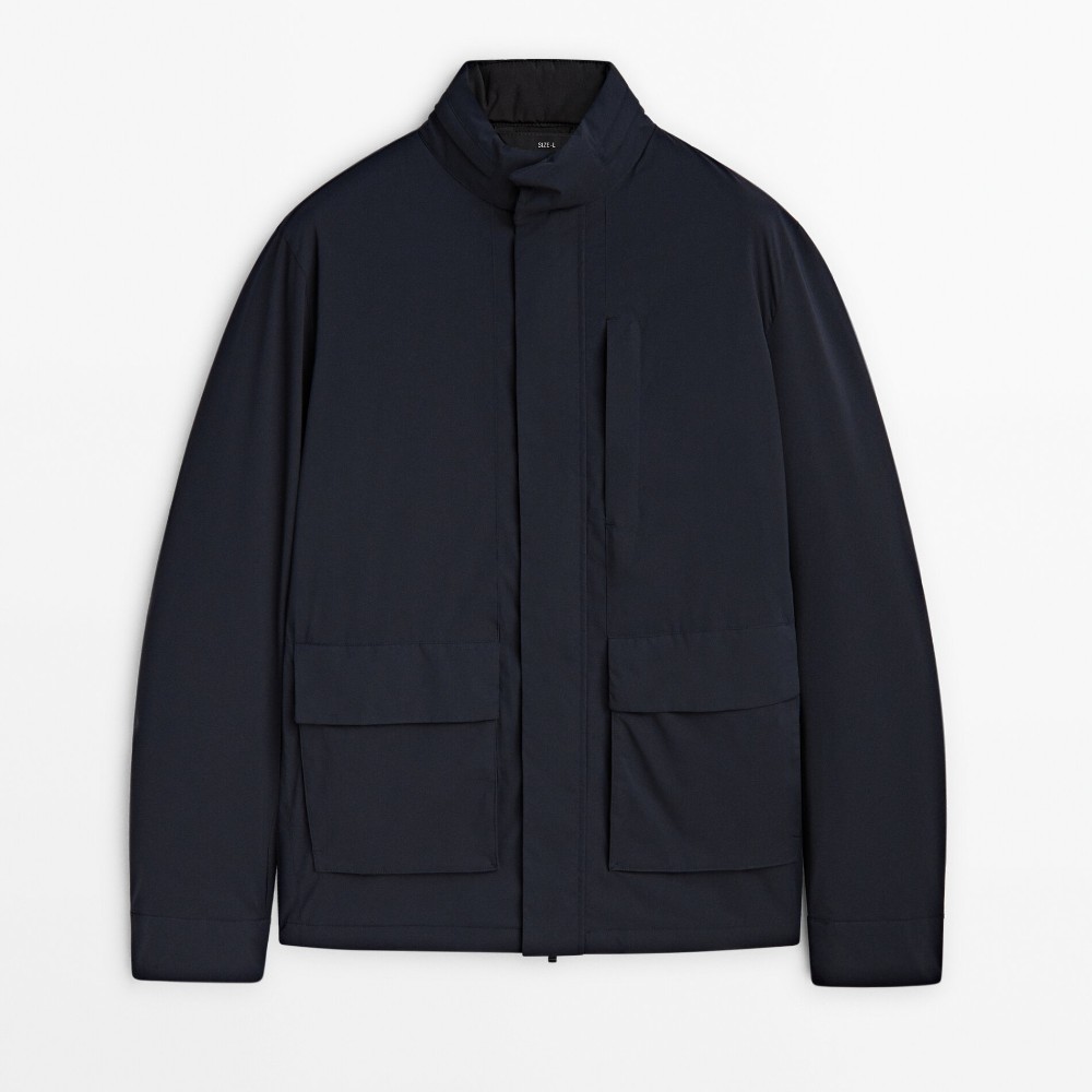 Куртка Massimo Dutti Concealed Hood With Pockets, темно-синий куртка massimo dutti double breasted with zip pockets темно синий