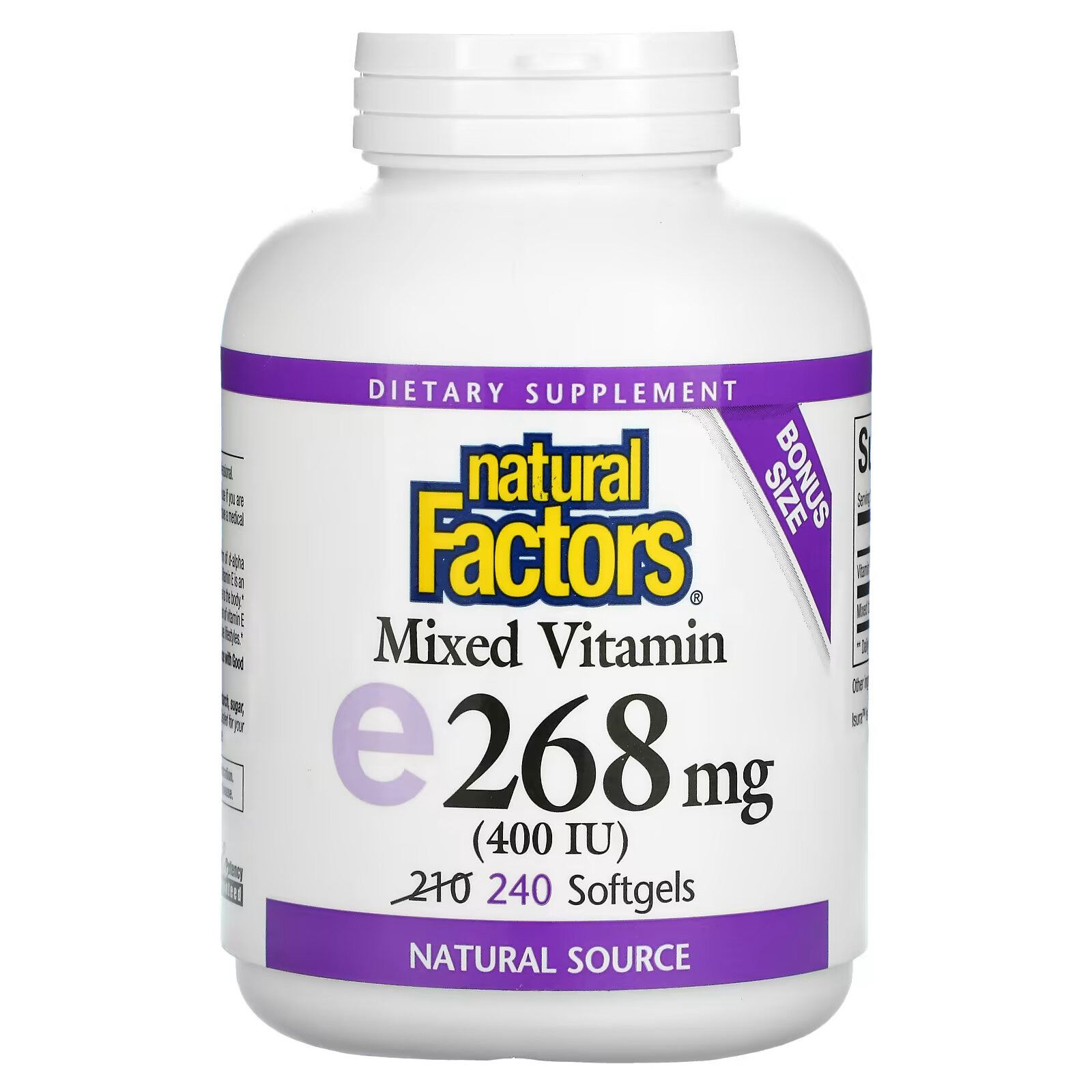 Natural Factors, Витамин Е, 400 МЕ, 240 мягких желатиновых капсул смешанный витамин е 200 ме 90 мягких таблеток natural factors