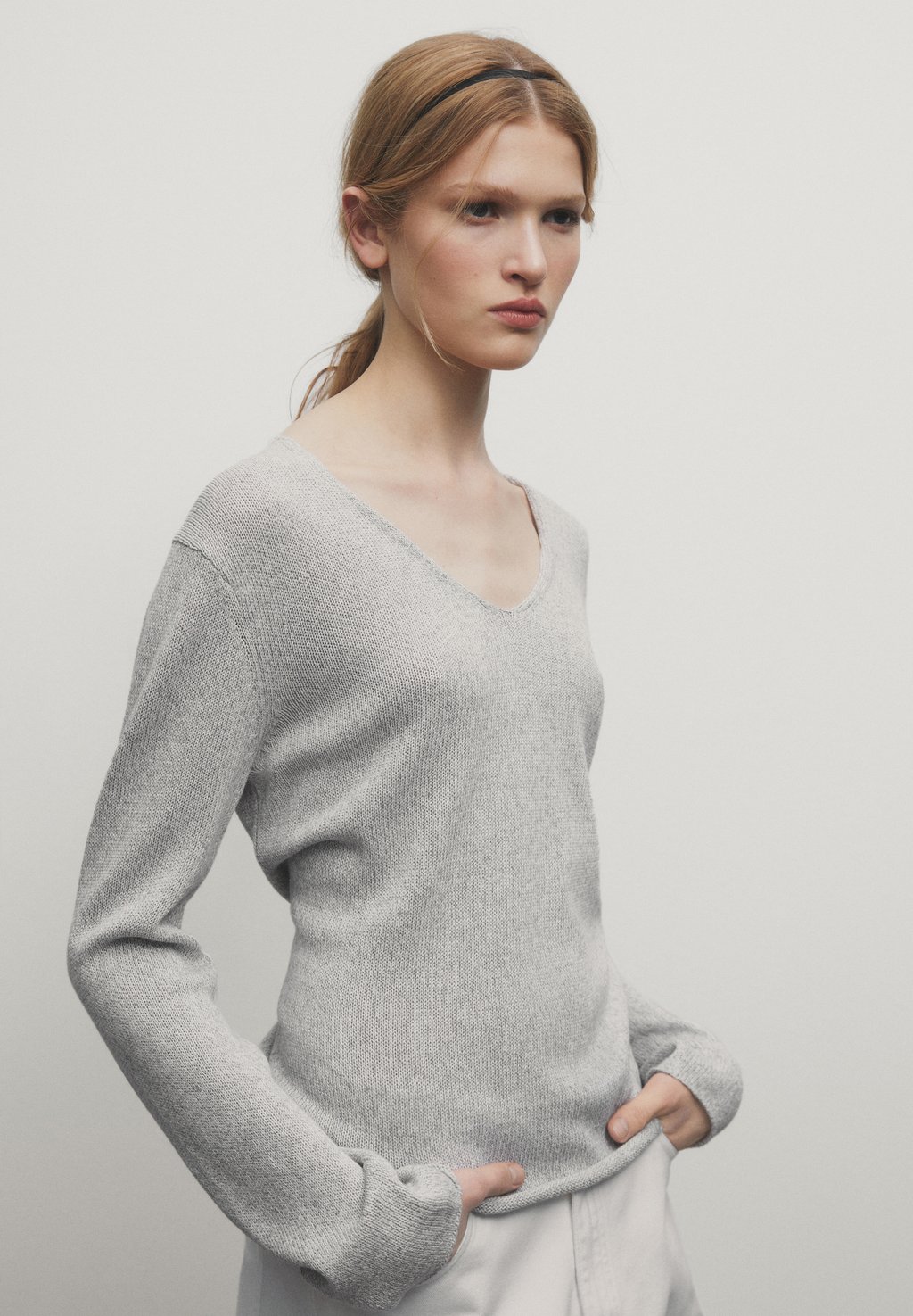 Вязаный свитер V-NECK Massimo Dutti, цвет grey вязаный свитер crew neck massimo dutti цвет grey