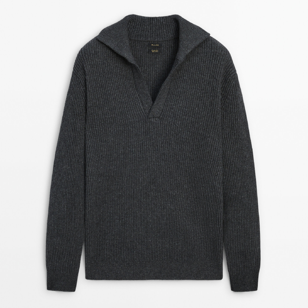 Свитер Massimo Dutti Wool Blend Ribbed Knit Polo, темно-серый