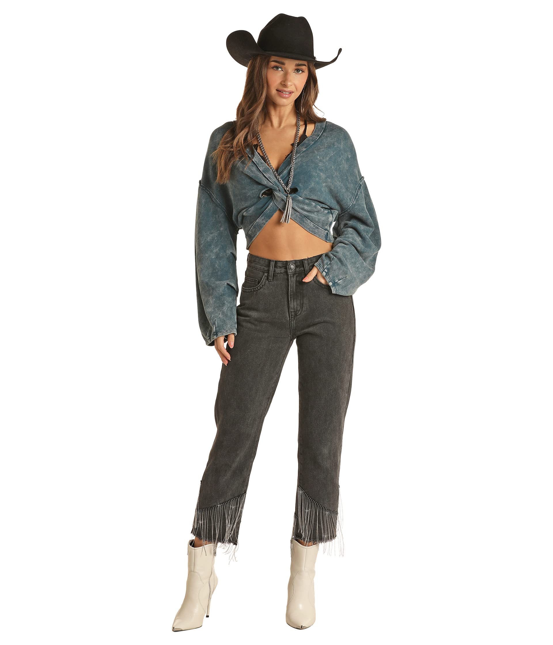 Джинсы Rock and Roll Cowgirl, Fringe Cropped in Charcoal RRWD9HRZQV