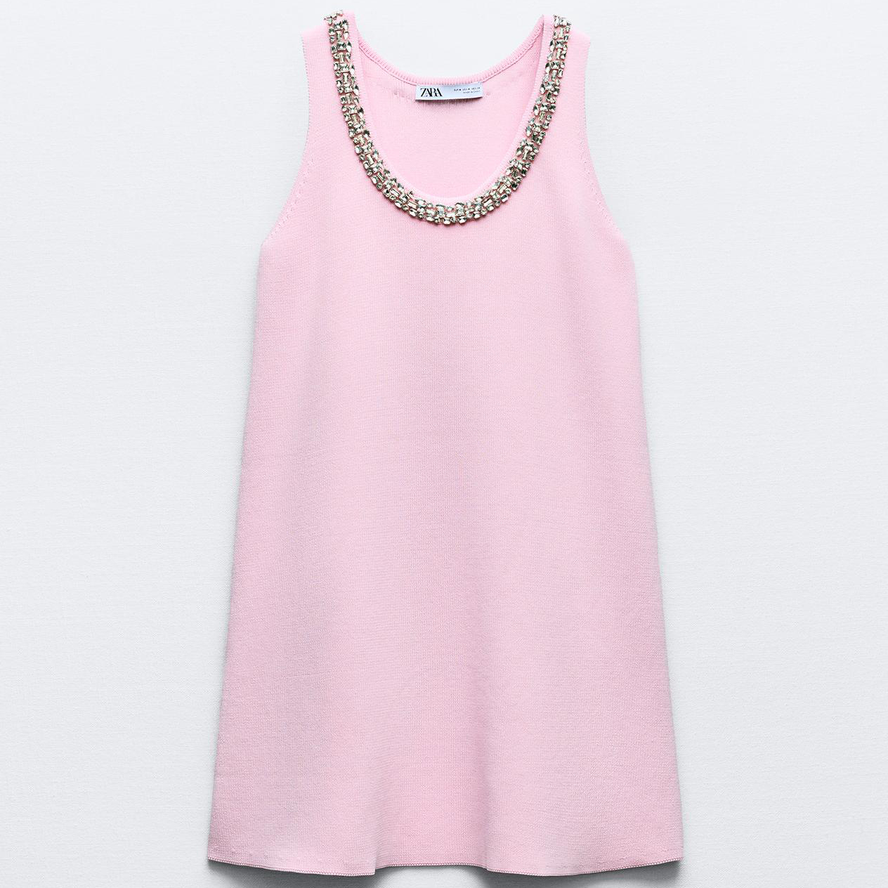 Платье Zara Plain Knit Mini With Rhinestone Applique, розовый платье zara pinafore with rhinestone buttons розовый