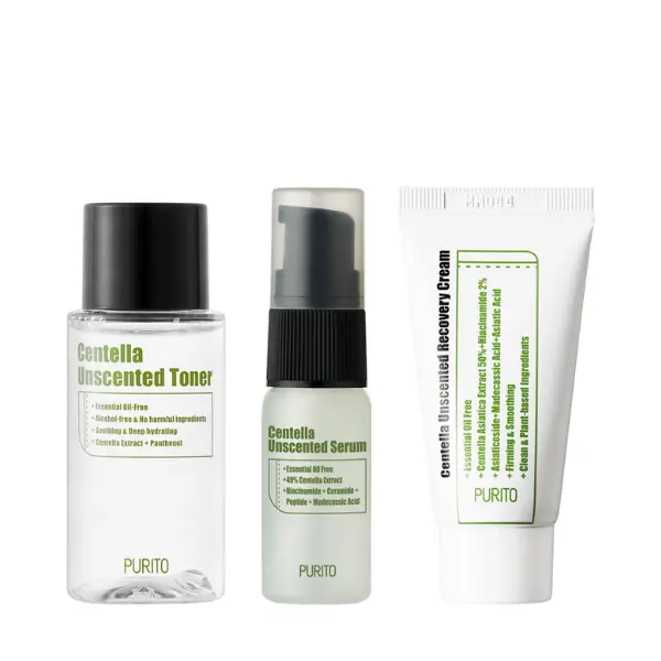

Purito Centella Unscented набор: тоник для лица, 30 мл + сыворотка для лица, 15 мл + крем для лица, 12 мл