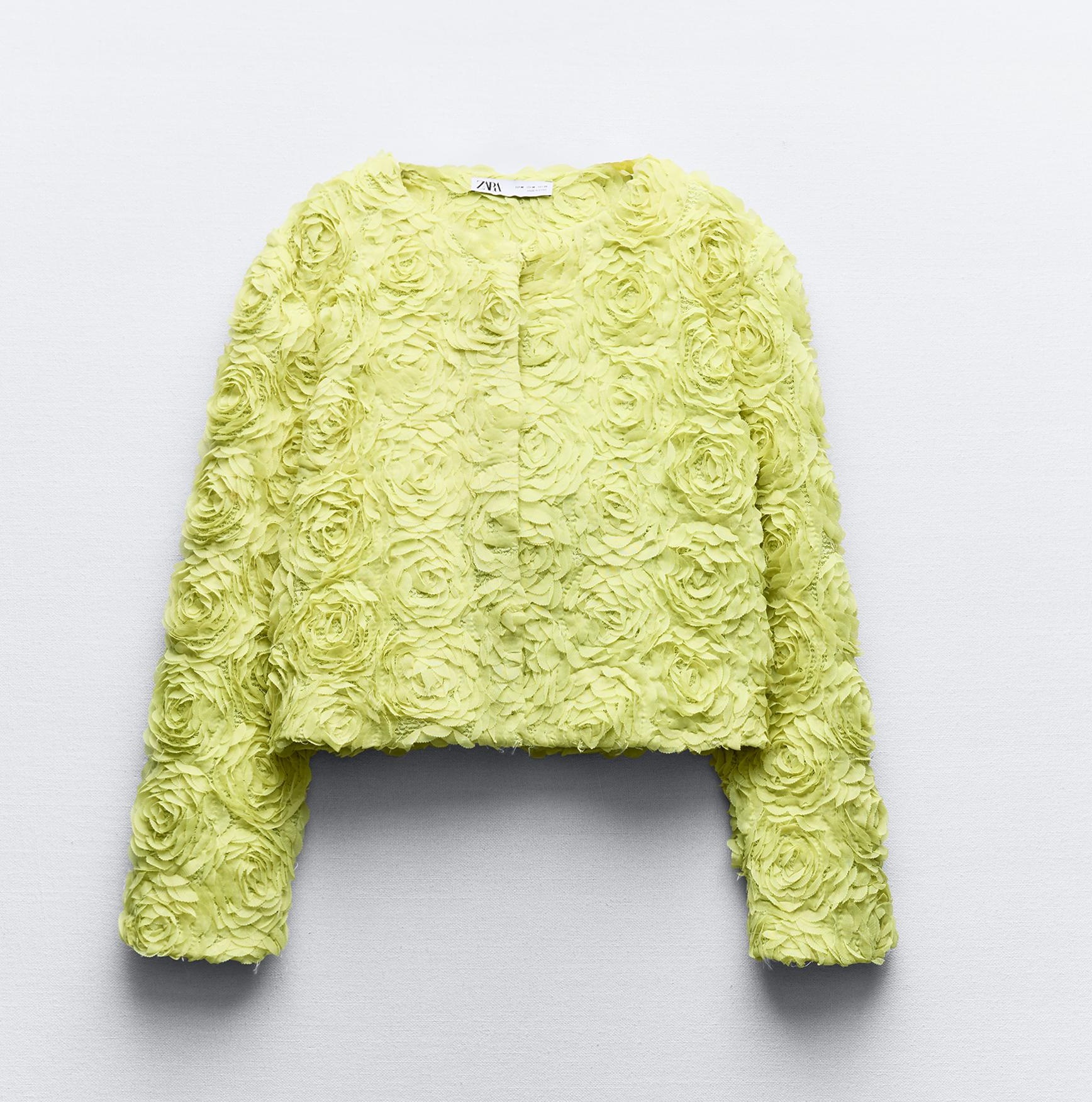 свитер zara knit with matching textured detail кремовый Жакет Zara With Textured Flower Detail, желтый