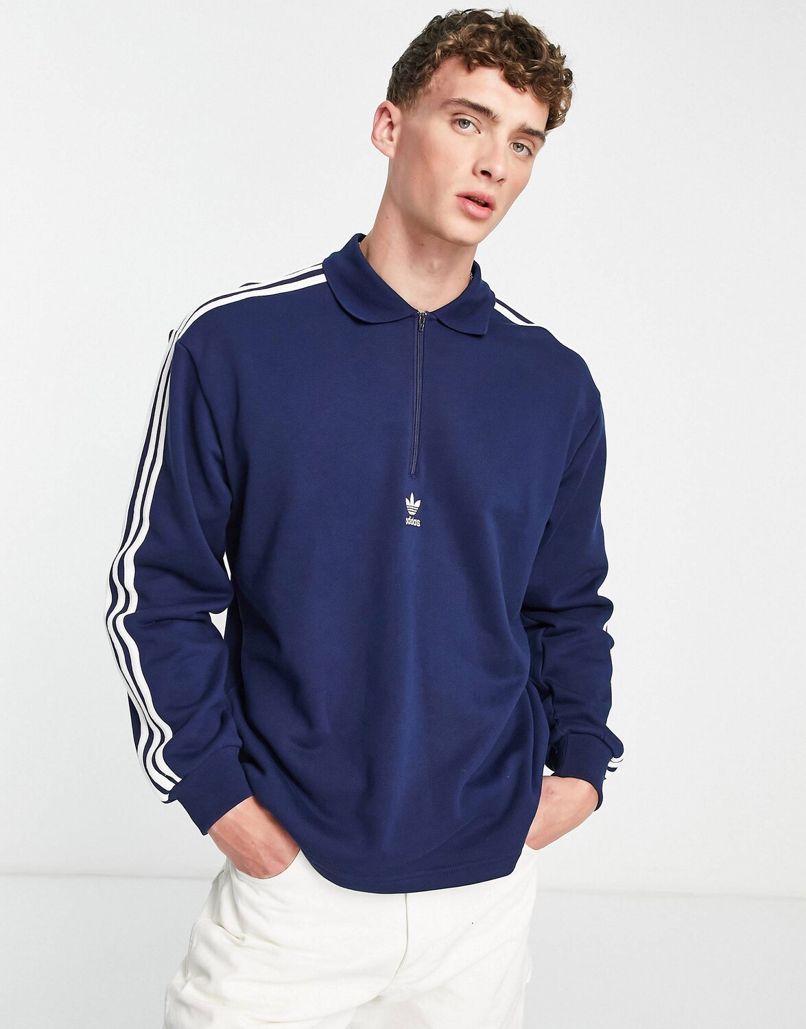 

Темно-синее поло с длинными рукавами и молнией 1/2 adidas Originals Adicolor с 3 полосками