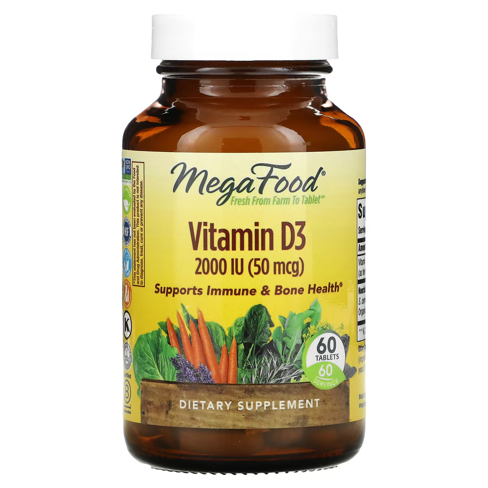 MegaFood, витамин D3, 2000 МЕ (50 мкг), 60 таблеток new chapter ферментированный витамин d3 2000 ме 60 вегетарианских таблеток
