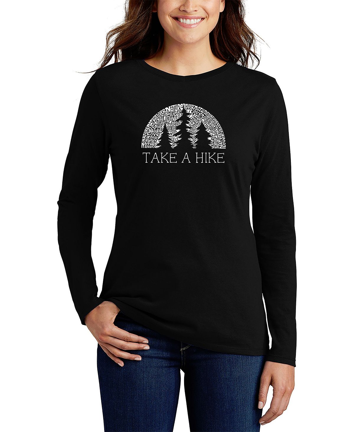 Женская футболка с длинным рукавом nature lover word art LA Pop Art, черный иди в поход