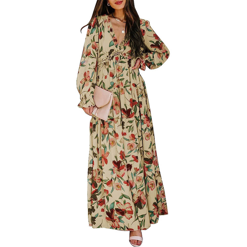Платье Blencot Casual Floral Deep V Neck Long Sleeve, абрикосовый женское летнее повседневное платье свободные платья в стиле бохо с цветочным принтом элегантные женские платья сарафан принцессы плисси