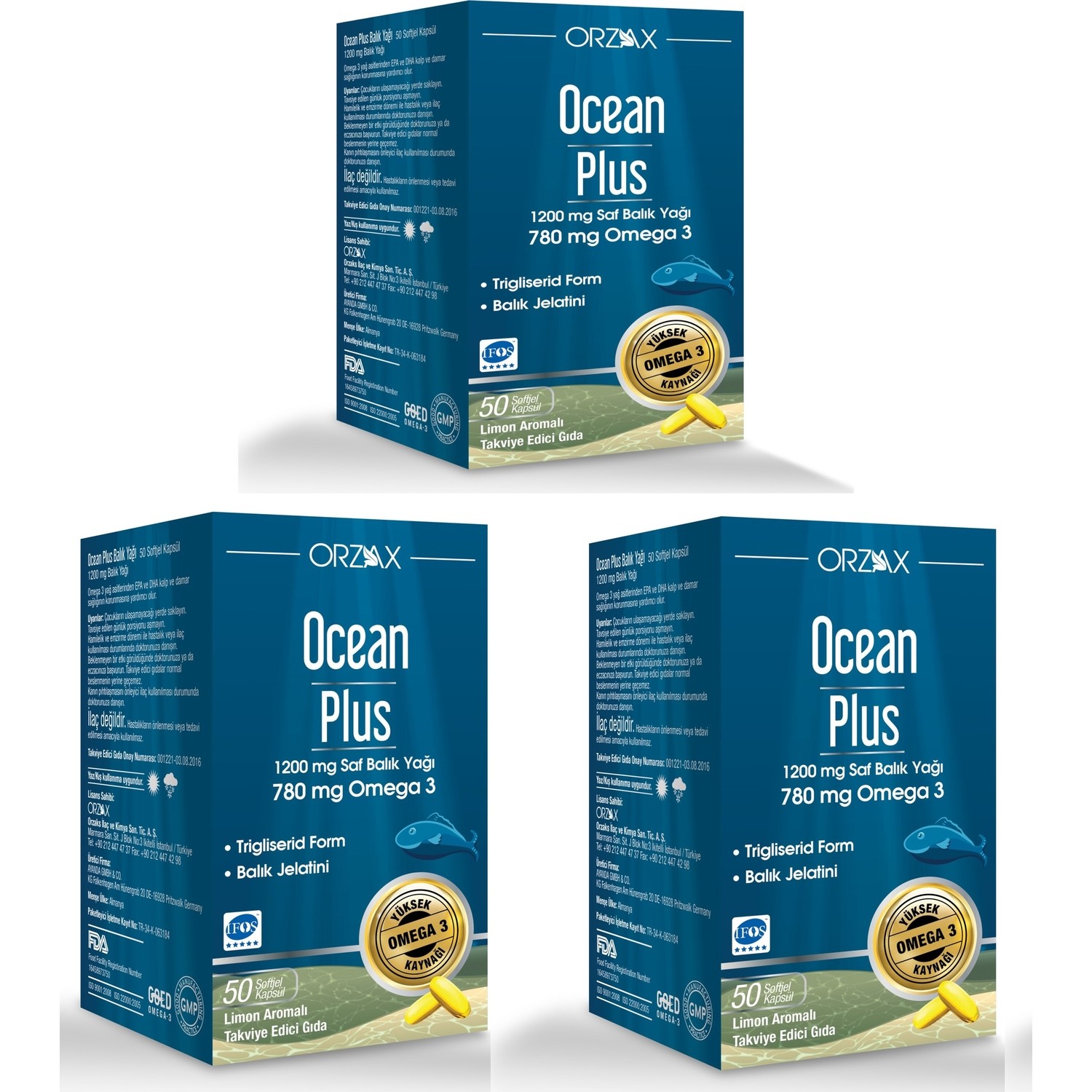 Омега-3 Ocean Plus 1200 мг, 3 упаковки по 50 капсул омега 3 plus orzax ocean 1200 мг со вкусом лимона 5 упаковок по 50 капсул