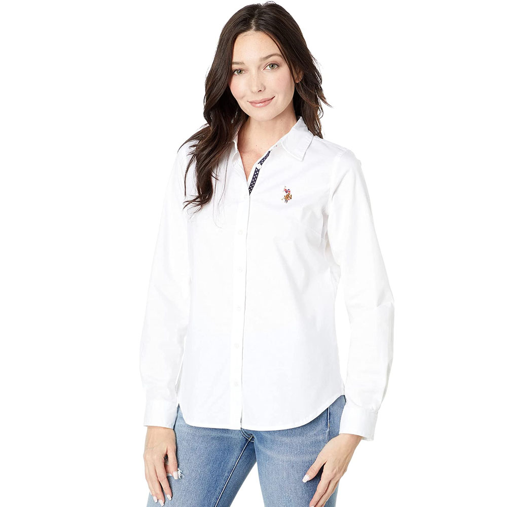 приталенная полосатая оксфордская рубашка из хлопка Рубашка U.S. Polo Assn. Long Sleeve Solid Stretch Oxford Woven, белый