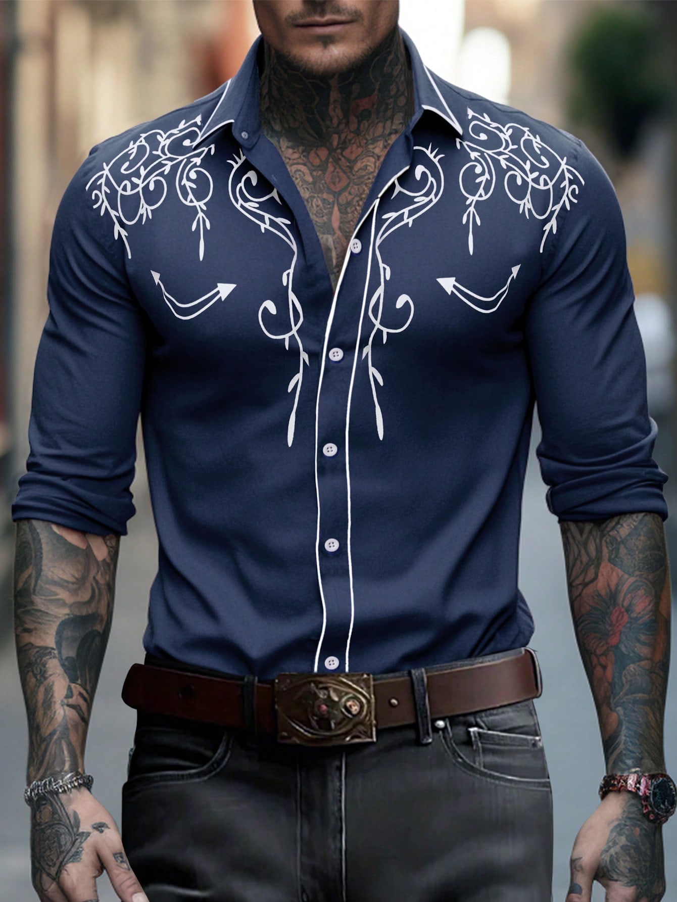 Мужская рубашка на пуговицах с длинными рукавами и узорчатым принтом Manfinity LEGND, темно-синий мужская рубашка поло с длинным рукавом с принтом