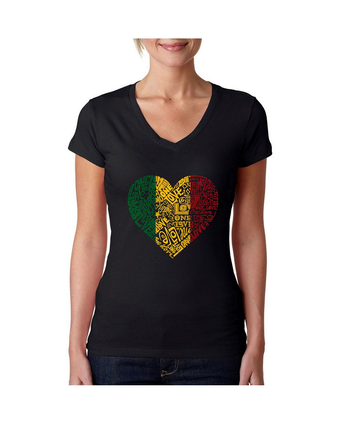 Женская футболка word art с v-образным вырезом - one love heart LA Pop Art, черный часы сердце из слов бабушке