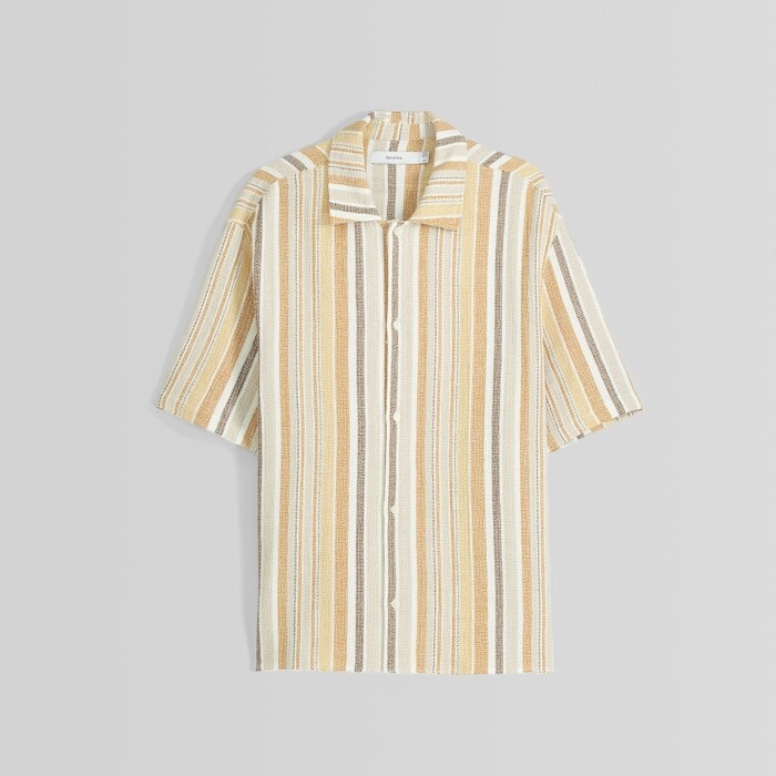 

Рубашка Bershka Rustic Striped Short Sleeve, желтый/бежевый/коричневый