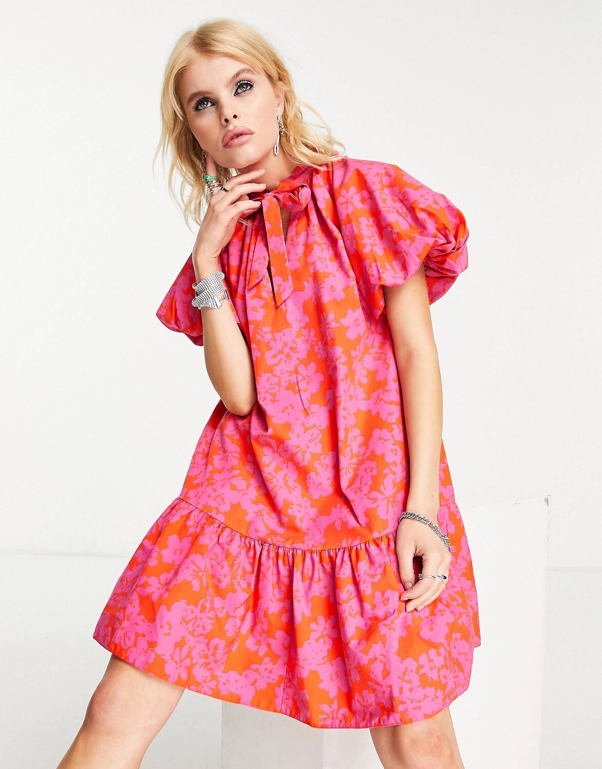 

Розово-красное поплиновое мини-платье Topshop