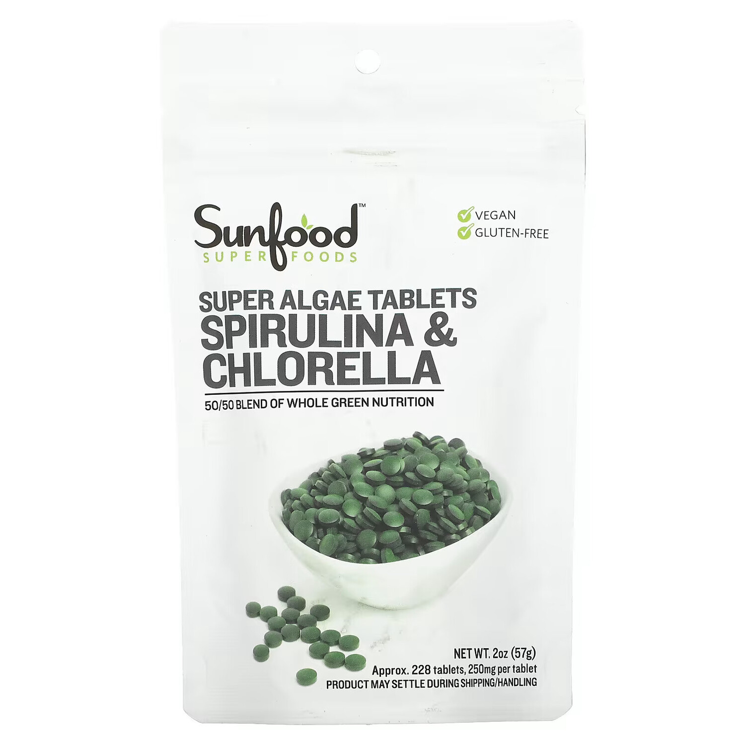 

Sunfood, спирулина и хлорелла, таблетки с суперводорослями, 250 мг, прибл. 228 таблеток, 57 г (2 унции)
