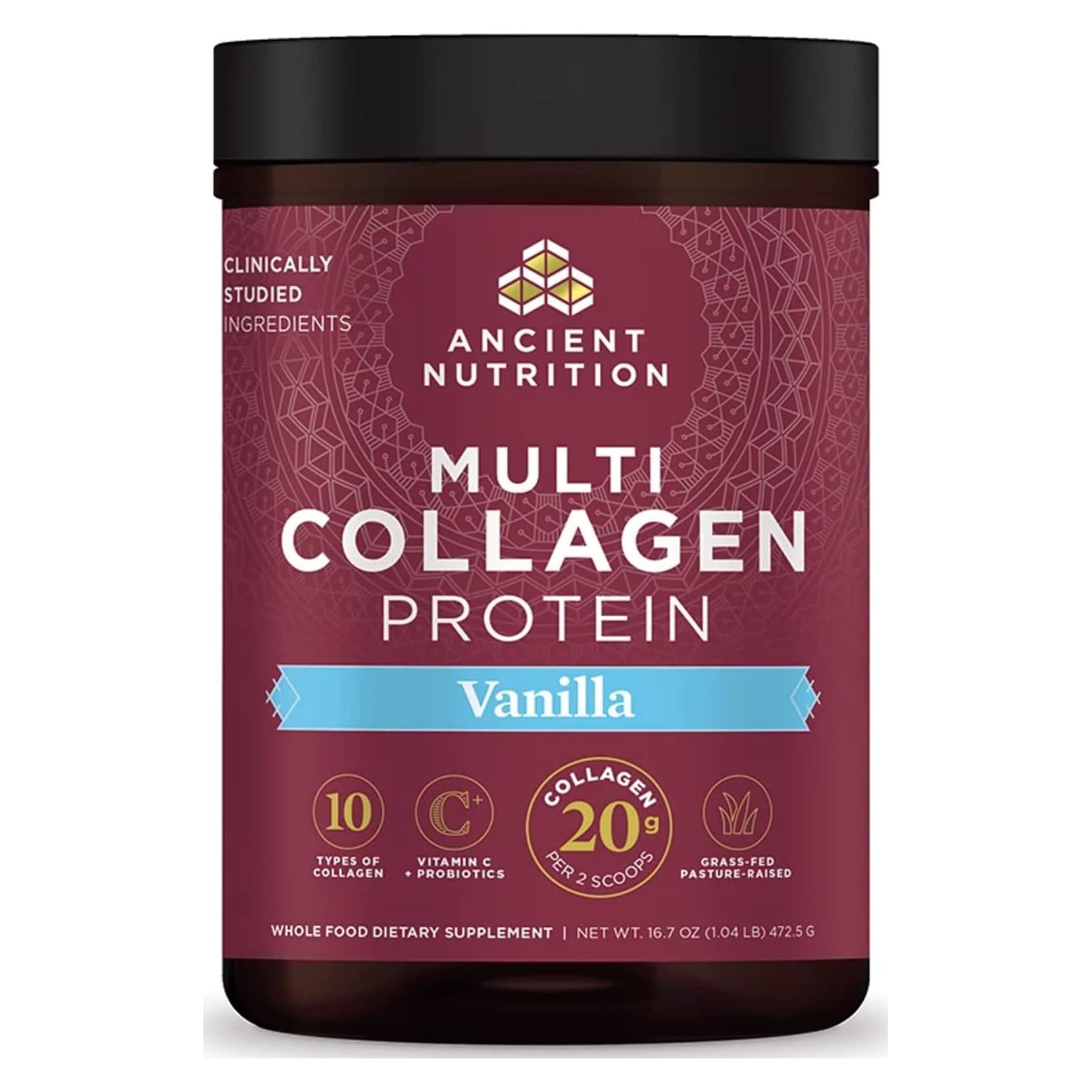 Коллаген Ancient Nutrition Multi Protein 10 Types Vitamin C + Probiotics Vanilla, 472,5 г коллаген ancient nutrition multi 10 types 90 капсул