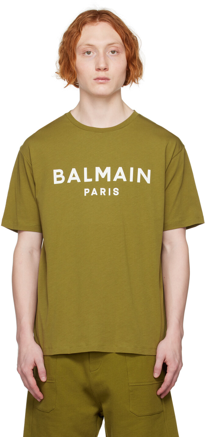 

Футболка цвета хаки с принтом Balmain