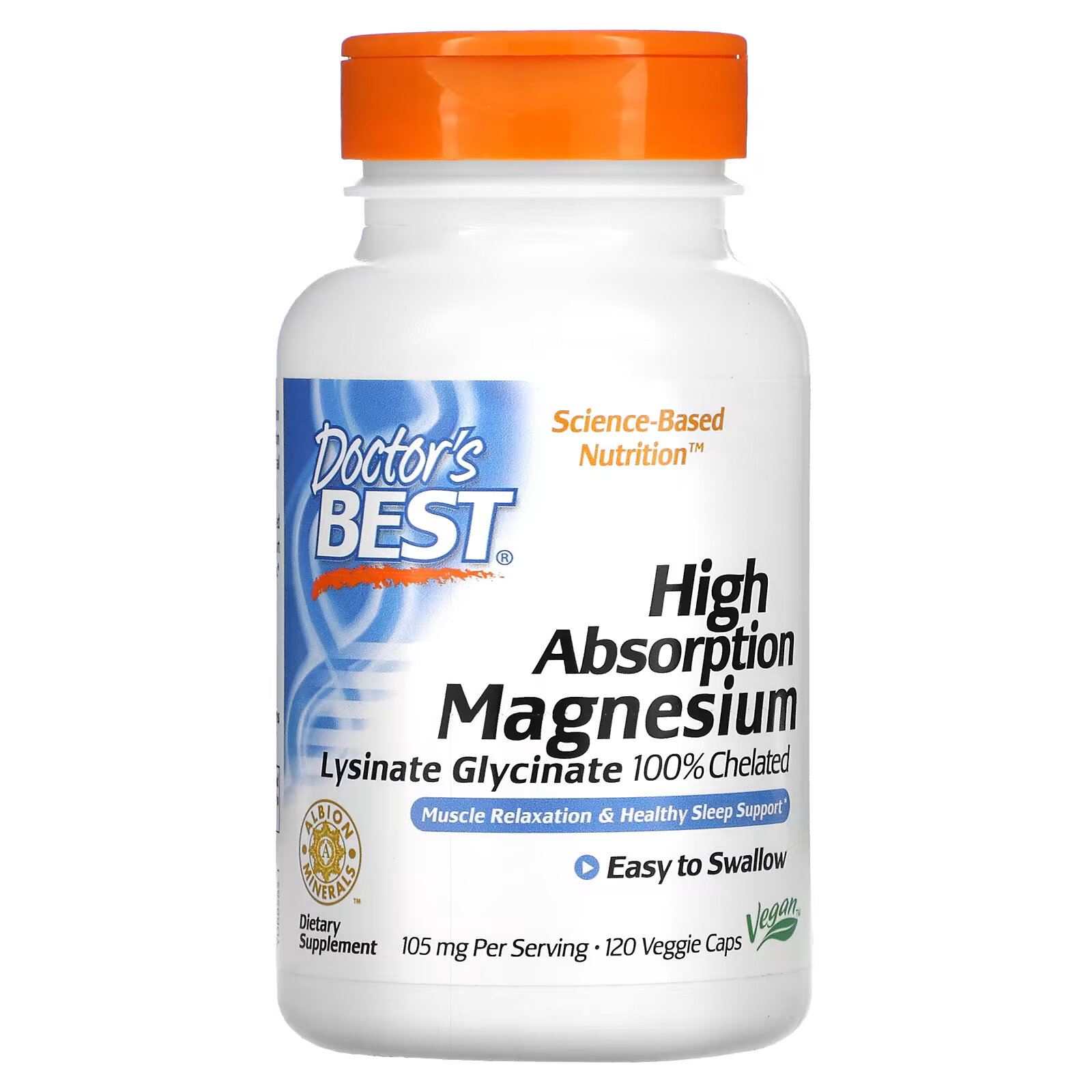 Doctor's Best, легкоусвояемый магний, на 100% в хелатной форме, лизинат и глицинат, 52.5 мг, 120 вегетарианских капсул