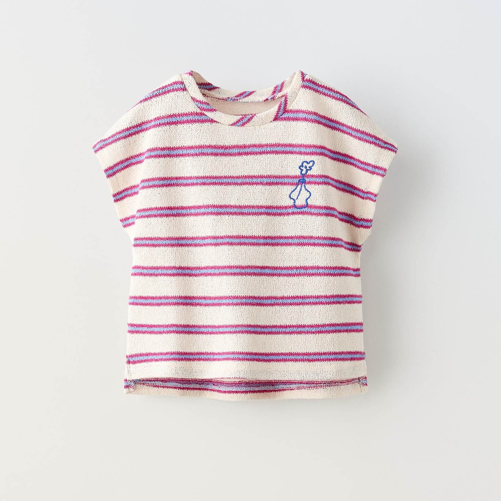 Футболка Zara Summer Camp Striped Embroidered Knit, бежевый/бордовый