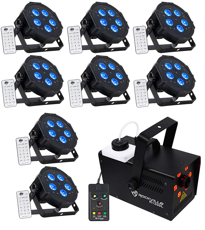 

(8) American DJ ADJ MEGA HEX PAR Can RGBWA+UV Slim LED Wash Lights+LED Fogger (8) MEGA HEX PAR+R1200L