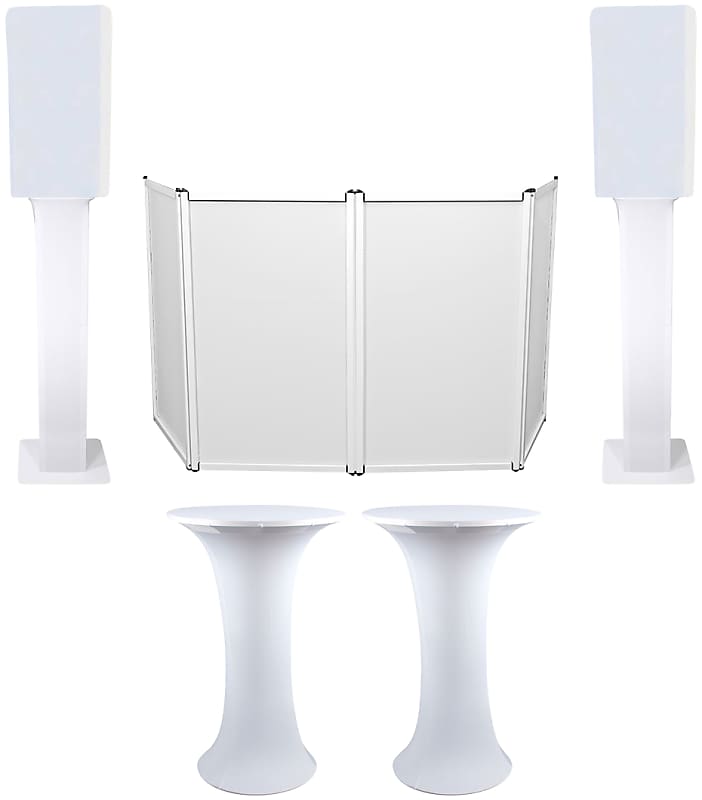 2) Столы Highboy для клубной сцены+Белые 15-дюймовые панели для динамиков+Фасад диджея+2) Тотемные стойки American DJ (2) Decor Cocktail Table+RFAAW+RTP+RSC15