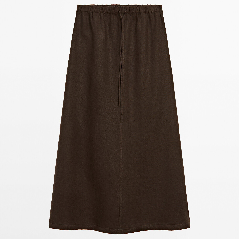 Юбка Massimo Dutti 100% Linen Midi With Drawstring, шоколадный