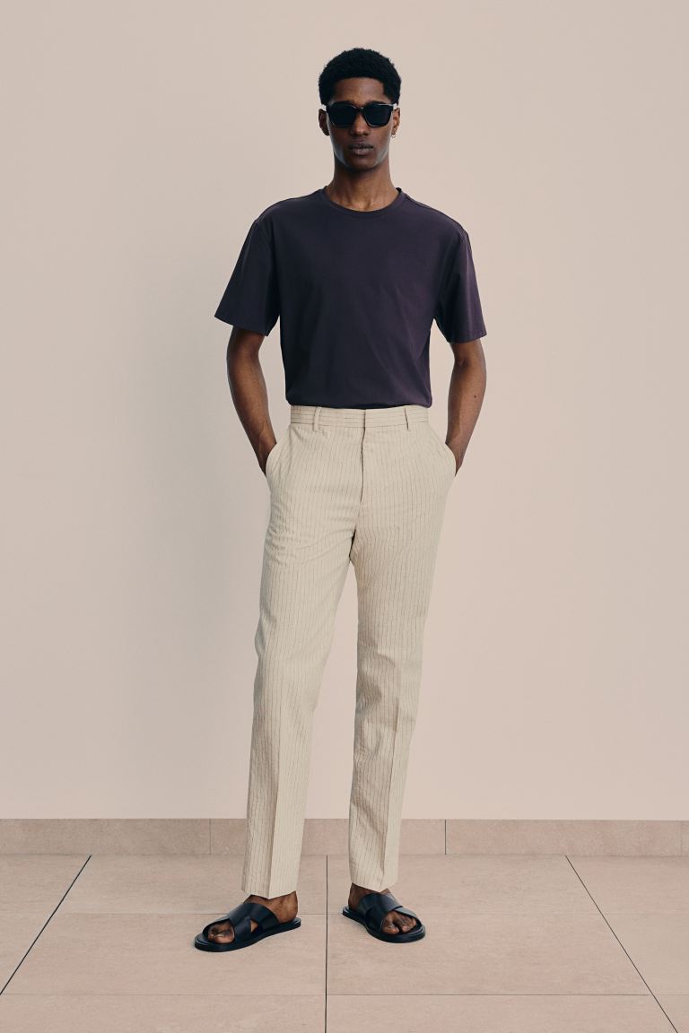 Элегантные брюки из смесового льна приталенного кроя H&M, бежевый трикотажный топ приталенного кроя из смесового льна filippa k серый