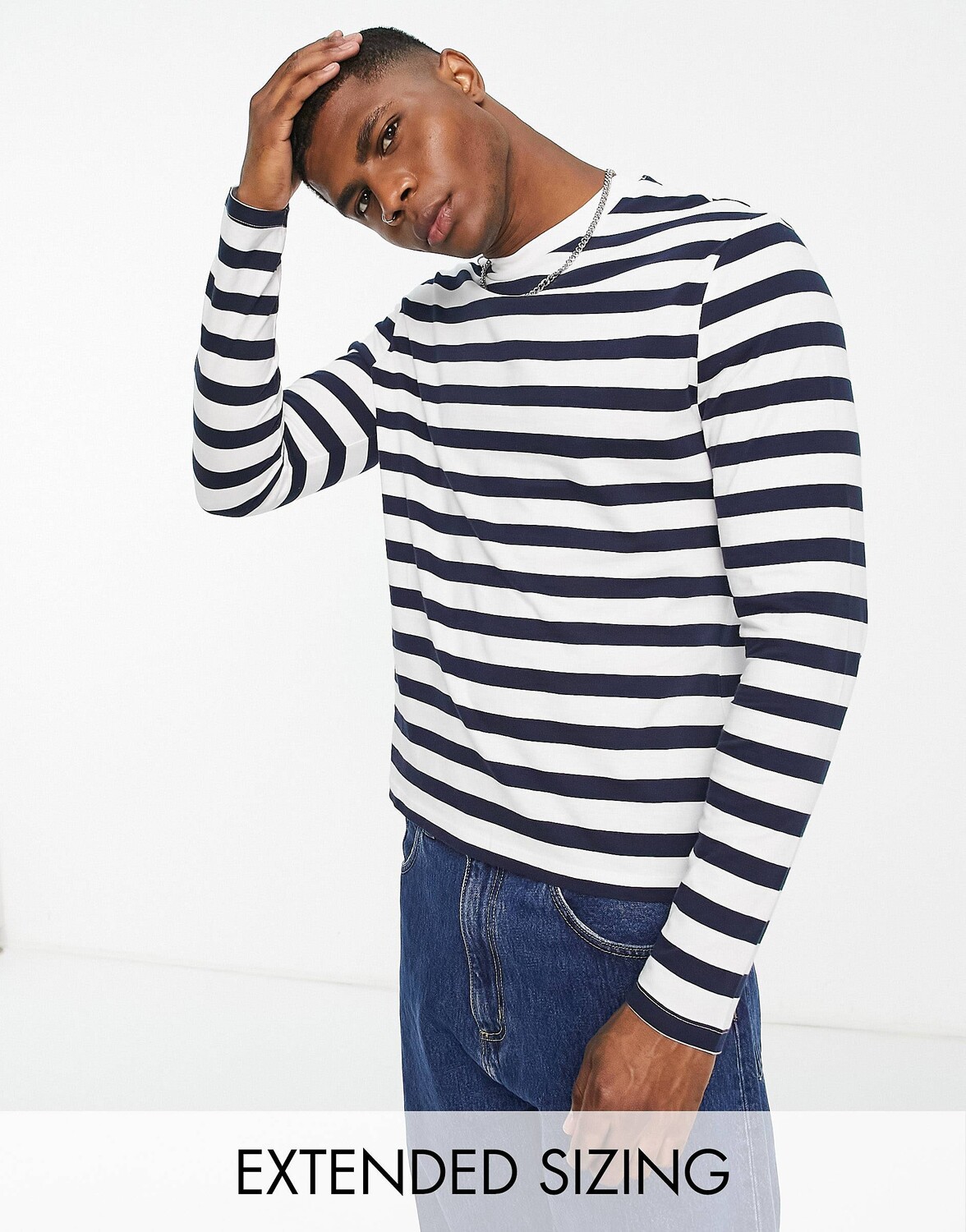 

Темно-сине-белая полосатая футболка с длинными рукавами ASOS DESIGN
