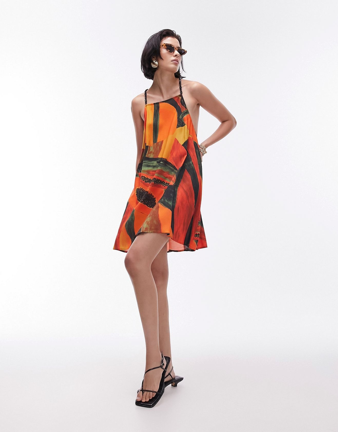 Платье Topshop Airy Mini In Papaya Pattern With Beaded Straps, мультиколор