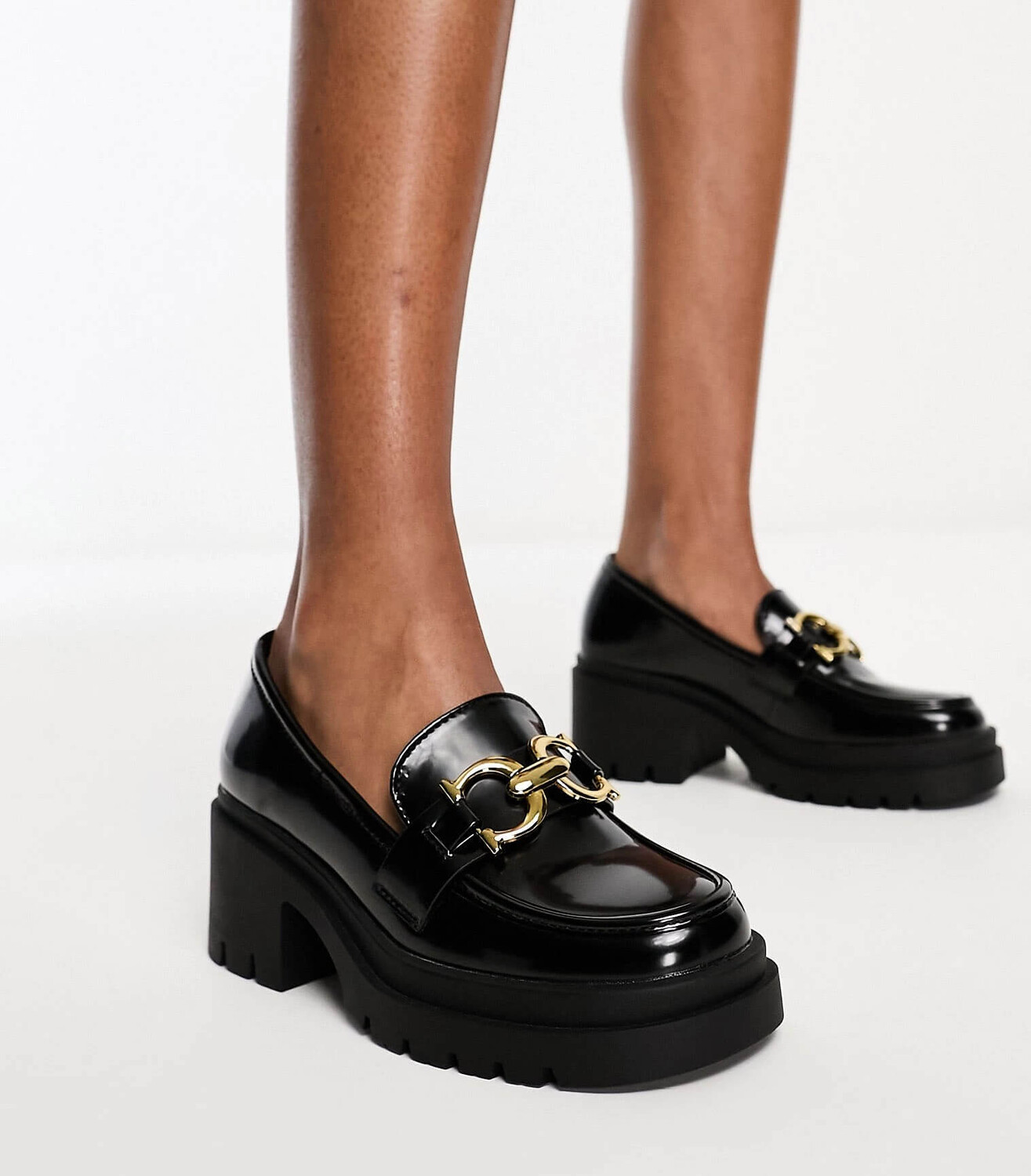 

Лоферы с пряжкой Glamorous Wide Fit Chunky Mid Heeled, черный/золотой