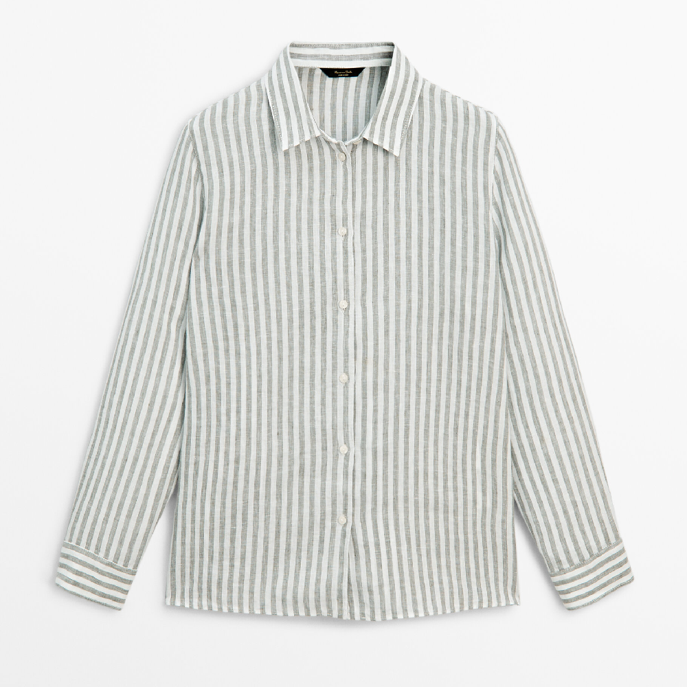 Рубашка Massimo Dutti 100% Linen Striped, зеленый рубашка uniqlo 100% linen striped белый синий