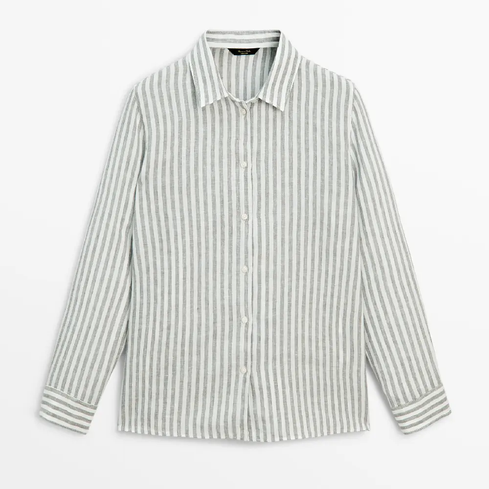 Рубашка Massimo Dutti 100% Linen Striped, зеленый платье в полоску на пуговицах из льна 42 зеленый