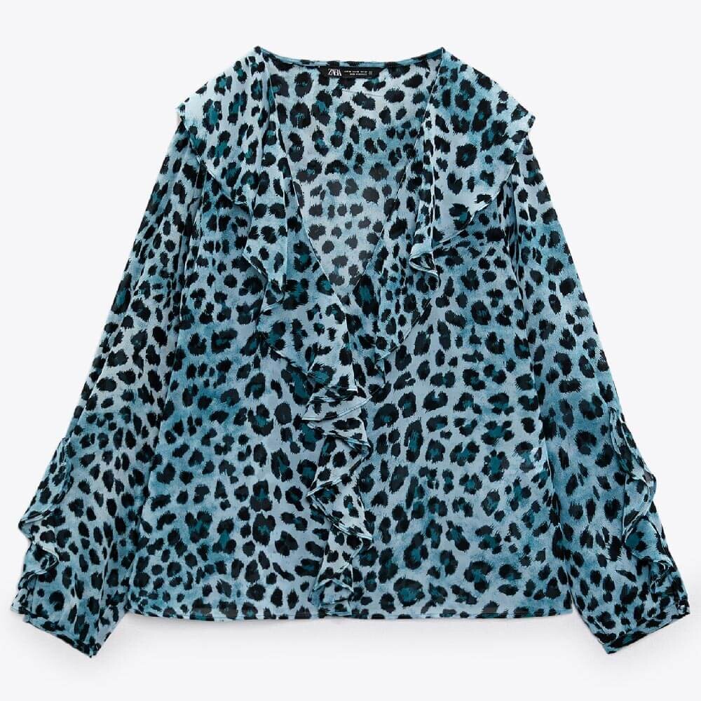 

Топ Zara Ruffled Animal Print, синий/черный