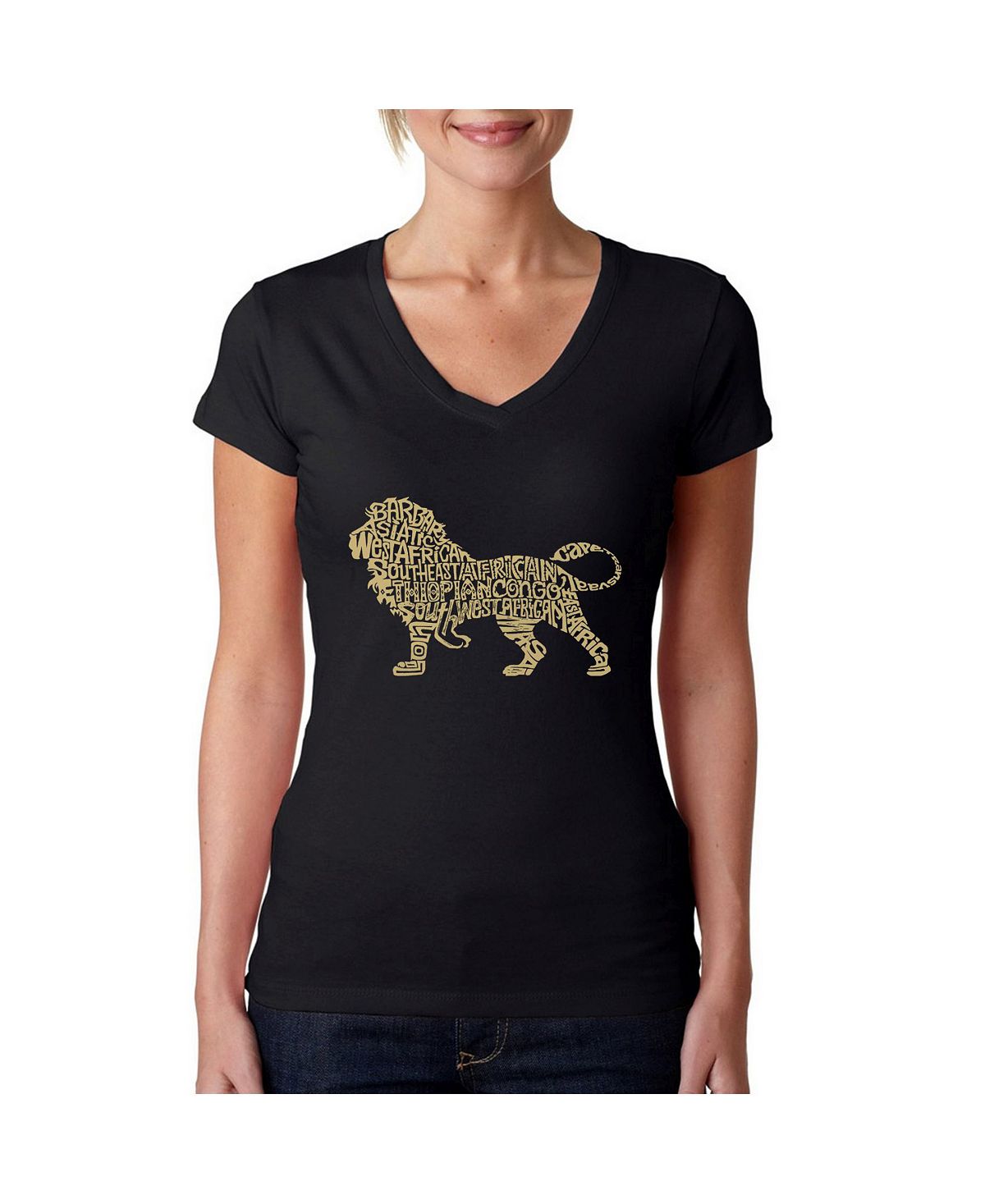 Женская футболка word art с v-образным вырезом - лев LA Pop Art, черный